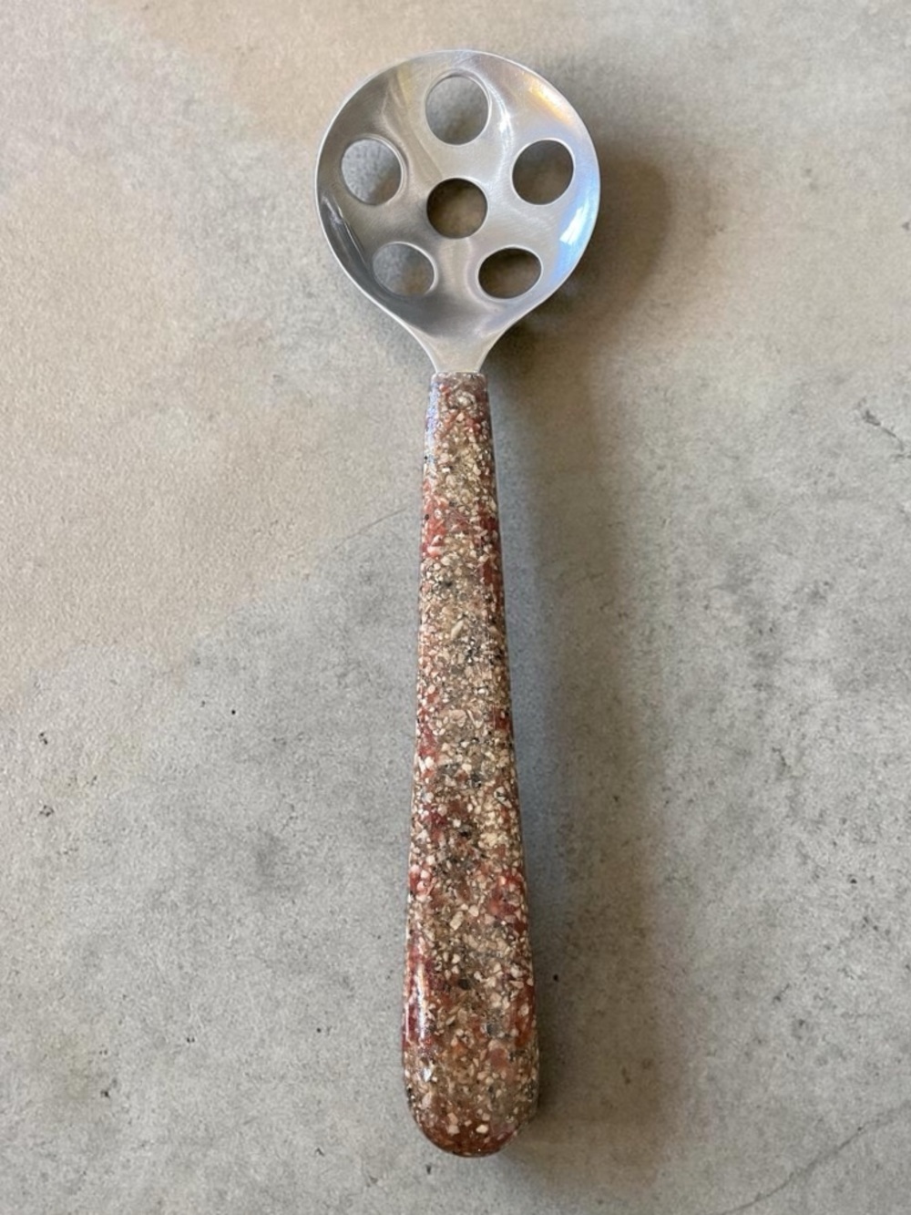 Unique vintage style kitchen tool, slotted spoon, resin? Handle